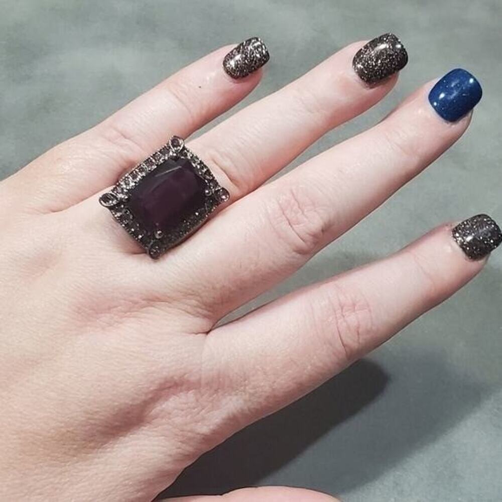 Gunmetal Deep Purple Emerald Cut Rhinestone Halo Cocktail Statement Ring Size 9